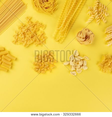 Italian Pasta, Shot From The Top On A Yellow Background With Copy Space, A Square Flat Lay Banner