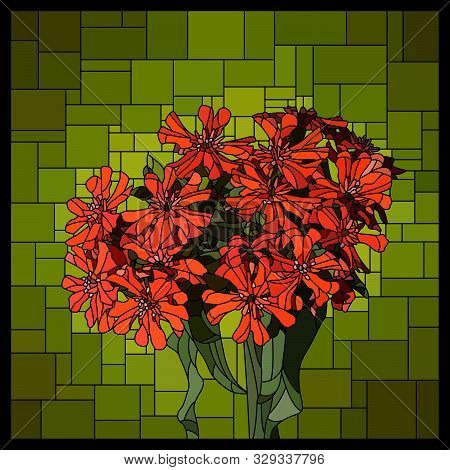 Vector Angular Mosaic With Blooming Red Lychnis In Stained-glass Window.