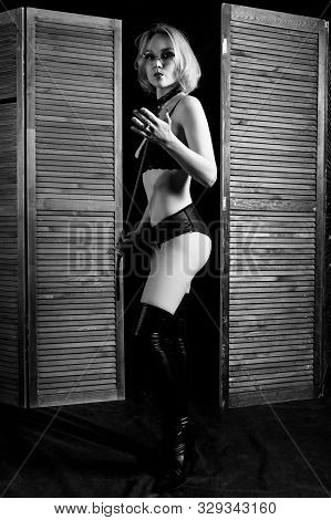 Sexy Blond Dominant Woman In Glasses With A Whip Over Wooden Folding Panel Background.