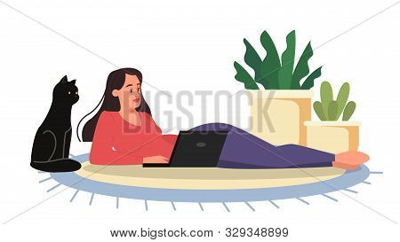 People With Laptor. Woman Laying On The Floor
