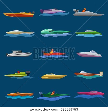 Boat Vector Speed Motorboat Yacht Traveling In Ocean Illustration Nautical Set Of Summer Vacation On