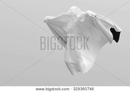 Flying White Ghost Boy Figure Covered With A Blanket Sheet On White Background. Halloween 3d Illustr