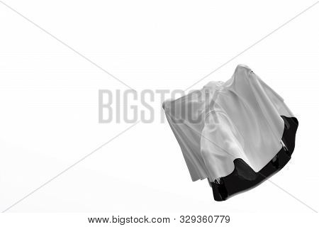 Flying White Ghost Boy Figure Covered With A Blanket Sheet On White Background. Halloween 3d Illustr
