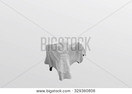 Flying White Ghost Boy Figure Covered With A Blanket Sheet On White Background. Halloween 3d Illustr