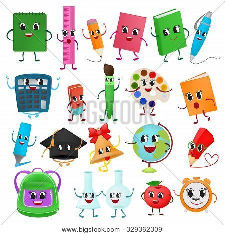 School Supplies Kawaii Vector Schooling Tools Emoticon Pen Colorful Pencils Markers And Student Acce