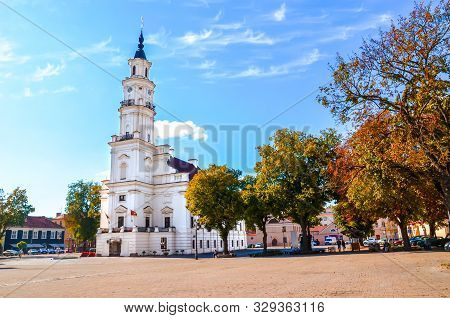 Town Hall On And Adjacent Town Hall Square In Kaunas, Lithuania Photographed In The Autumn Season Wi