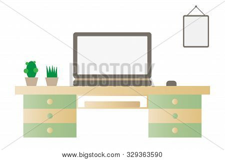 A Working Computer Desk With A Laptop, Flowers For Air Purification And A Picture On The Wall, A Sta