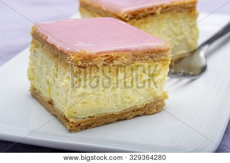 Tompoes Or Tompouce, Iconic Pastry In Netherlands And Belgium Made From Puff Dough, Icing, Cream