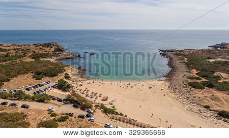 Aerial. View From The Sky Of The Beach Of Ingrina Villa To Bishpo. Portugal Algarve