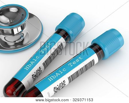 3d Render Of Hba1c Blood Tubes With Stethoscope Over White Background. Test For Diabetes Concept.