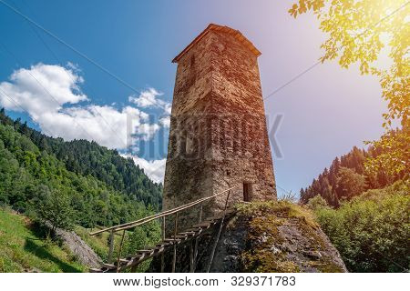 The Medieval Svan Love Tower On Enguri River, Kala Village, Samegrelo-zemo Svaneti, Georgia.