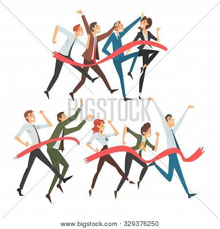 Set Of People In Office Clothes Joyfully Runs Through Red Tape Cartoon Vector Illustration