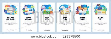 Mobile App Onboarding Screens. Cyber Security, Private Browsing, Data Leak, Deep Web And Darknet, Bl