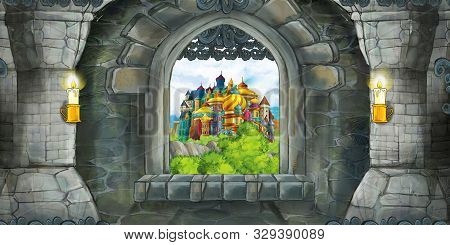 Cartoon Scene Of Medieval Castle Interior With Window With View On Some Other Castle - Illustration