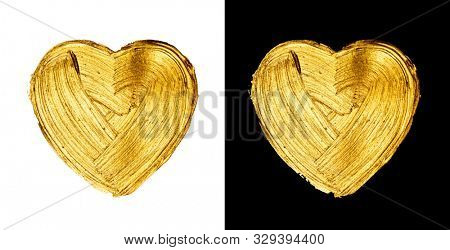 Creative brushstrokes of gold paint isolated on a white background. Gold paint texture. Smears of cosmetics, blush, highlighter, eye shadow, lipstick.