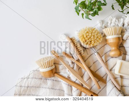 Dish Washing Brushes, Bamboo Toothbrushes, Bamboo Towel. Sustainable Lifestyle Zero Waste Concept. C