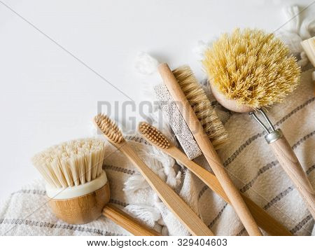 Dish Washing Brushes, Bamboo Toothbrushes, Bamboo Towel. Sustainable Lifestyle Zero Waste Concept. C