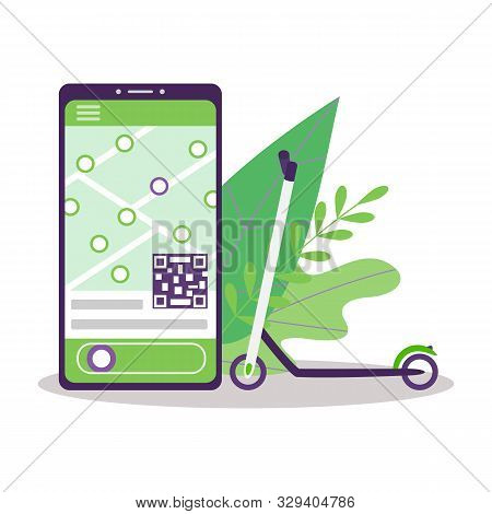 Scooter Sharing. Ecological Electric Green Scooter. On The Phone Screen, An Application With A Renta