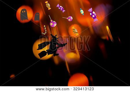 Halloween Card With Full Moon And Candies, Wich And Pumpkins