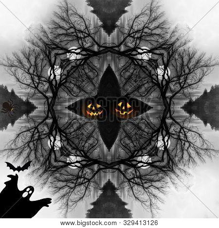 Halloween Card With Full Moon And Candies, Wich And Pumpkins