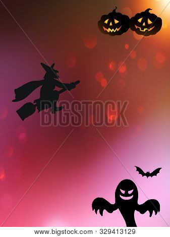 Halloween Card With Full Moon And Candies, Wich And Pumpkins