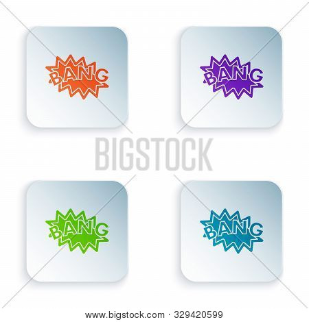Color Bang Boom, Gun Comic Text Speech Bubble Balloon Icon Isolated On White Background. Set Icons I