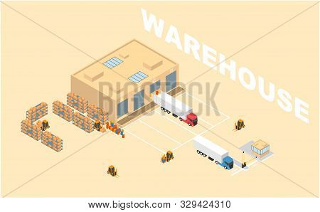 Warehouse, Storage, Logistics Isometric Icons Set With Storehouse, Truck, Forklift.