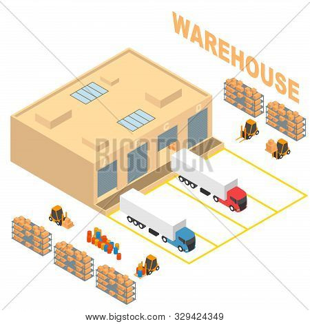 Warehouse, Storage, Logistics Isometric Icons Set With Storehouse, Truck, Forklift.