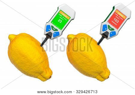 Nitrate Testers With Lemons. Measurement Of Nitrate Levels In Lemons, Normal Range And Higher Than N