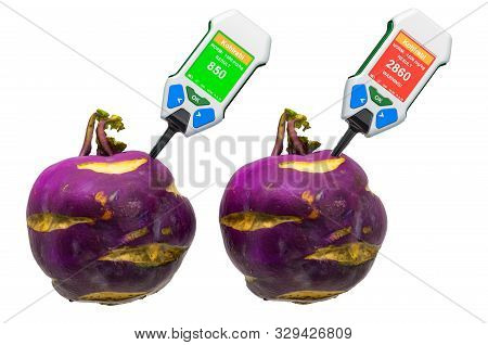 Nitrate Testers With Kohlrabi. Measurement Of Nitrate Levels In Kohlrabi, Normal Range And Higher Th