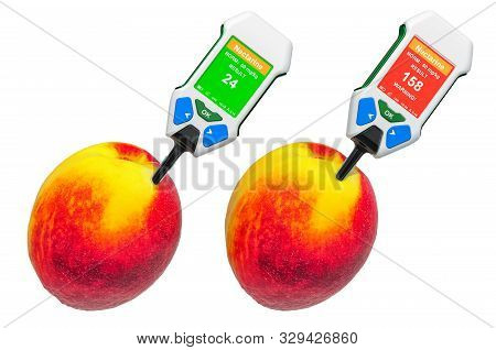 Nitrate Testers With Nectarines. Measurement Of Nitrate Levels In Nectarines, Normal Range And Highe