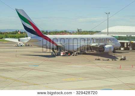 Prague, Czech Republic - April 30, 2018: Airbus A380-800 (a6-edr) Of Emirates Airlines On The Vaclav