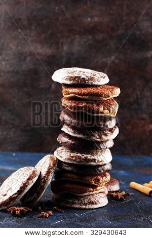 Typical German Gingerbreads Such As Lebkuchen And Aachener Printen On Rustic