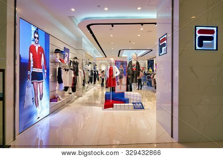 SHENZHEN, CHINA - CIRCA APRIL, 2019: entrance to Fila store in Shenzhen. Fila is an Italian sporting goods brand and company