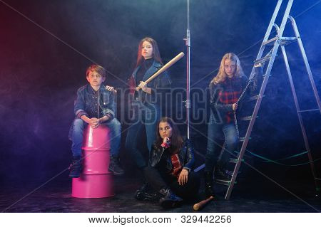 Rebel Youth. Full Length Portrait Of Cocky Children In Stylish Jeans And Leather Clothes. Concept Of