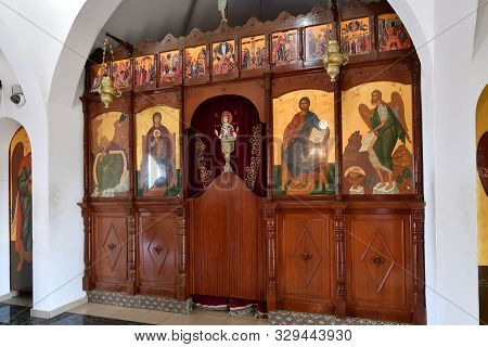 Protaras, Cyprus - Oct 6. 2019. The Iconostasis Of Church Of St. Nicholas