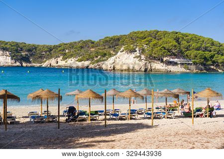 Menorca, Spain - October 14, 2019: Cala Galdana, One Of The Most Popular Beaches On The Island Of Me