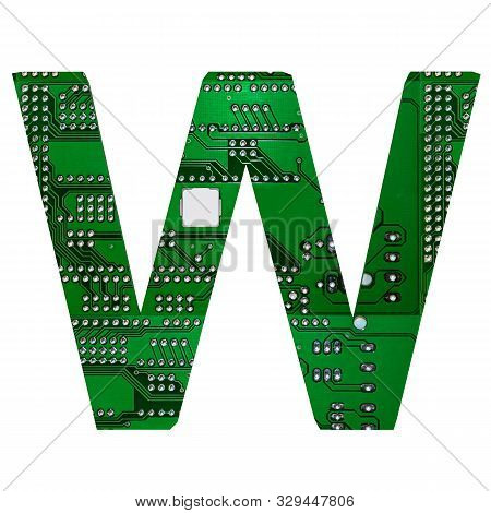 Letter W, Alphabet In Circuit Board Style. Digital Hi-tech Letter Isolated On White. 3d Illustration
