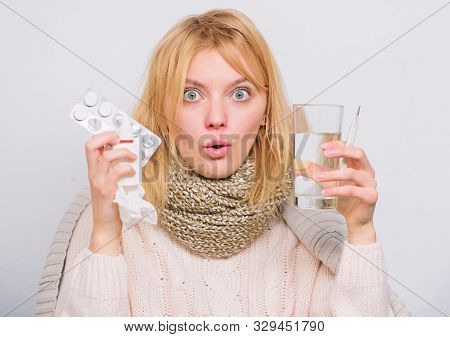 Take Pills Relieve Fever. Drink Plenty Of Fluids. Girl Take Medicine To Break Fever. Breaking Fever 