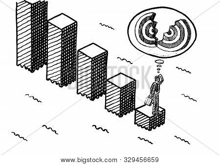 Freehand Pen Drawing Of Business Man Reaching The End Of A Negative Growth Chart Leading Into The Se