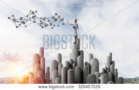 Young Female Doctor With Folder In Hands Satnding On Stone Column. 3d Rendering