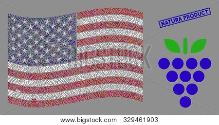 Grapes Symbols Are Combined Into American Flag Mosaic With Blue Rectangle Corroded Stamp Seal Of Nat