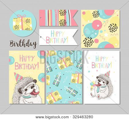 Set Of Greeting Cards Happy Birthday. Funny Hedgehog With Ice Cream, Sketch Drawing Isolated On Whit