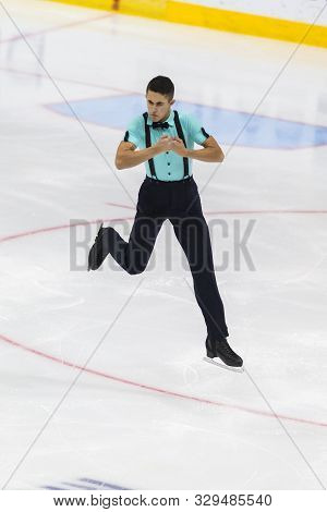Minsk, Belarus -october 19, 2019: Figure Skater Yakau Zenko From Belarus Performs Men Short Program 