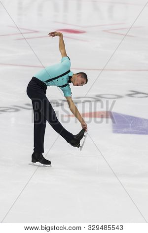 Minsk, Belarus -october 19, 2019: Figure Skater Yakau Zenko From Belarus Performs Men Short Program 