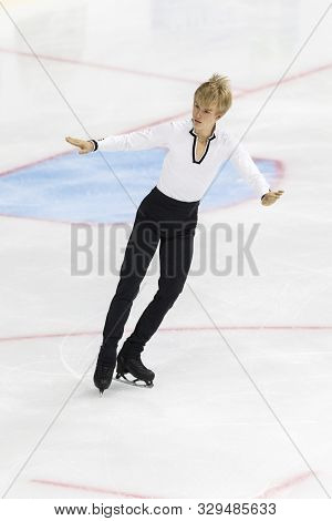 Minsk, Belarus -october 19, 2019: Figure Skater Daniel Grassl From Italy Performs Men Short Program 