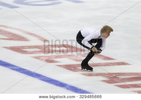 Minsk, Belarus -october 19, 2019: Figure Skater Daniel Grassl From Italy Performs Men Short Program 