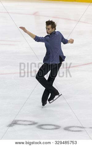 Minsk, Belarus -october 19, 2019: Figure Skater Aleksandr Selevko From Estonia Performs Men Short Pr