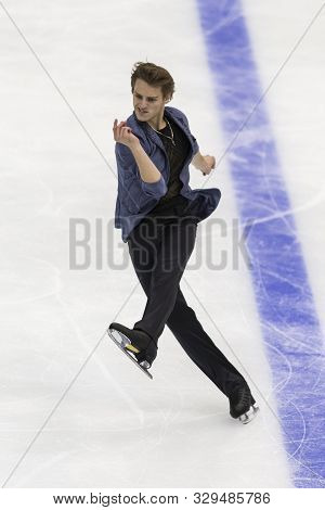 Minsk, Belarus -october 19, 2019: Figure Skater Aleksandr Selevko From Estonia Performs Men Short Pr