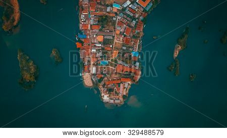 Aerial View Of Don Det A City In The 4000 Islands In Laos With Surronding Mekong River, Mekongdelta.